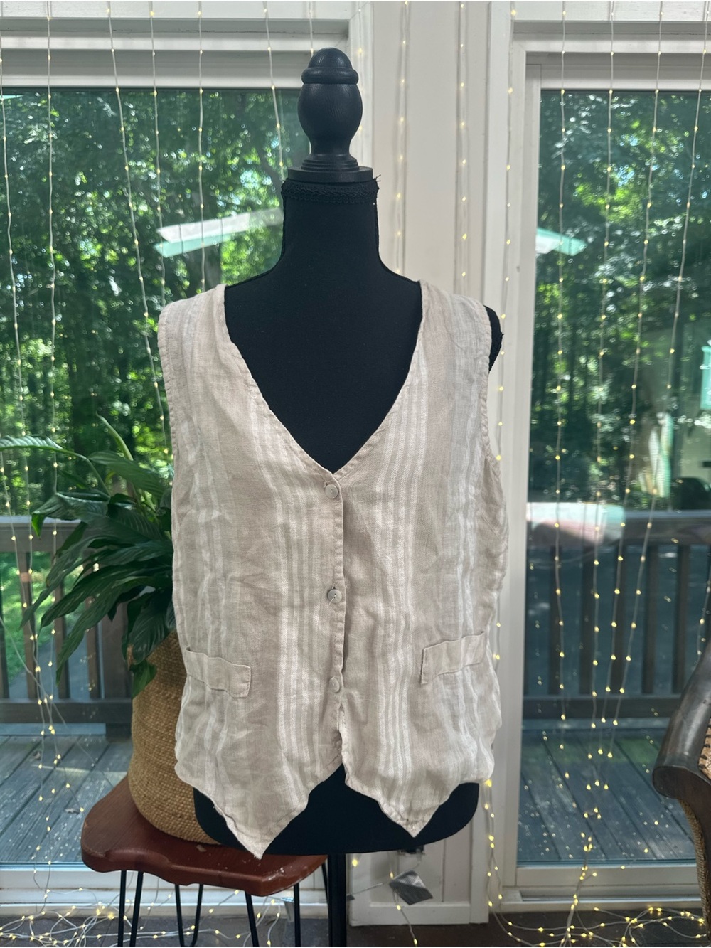 Milano Light Beige Striped Linen-Blend V-Neck Button Vest